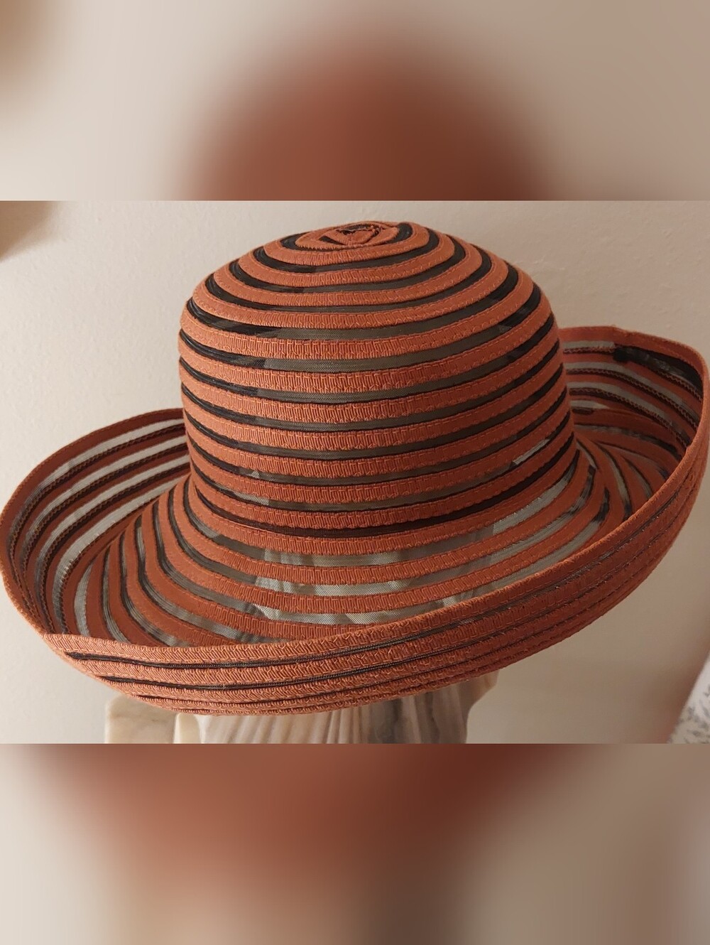 Saks Fifth Avenue Striped Wide-Brim Sun Hat in Rust and Black - Picture 3 of 8